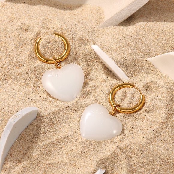 Healing White Jade Heart Hoop Earrings 18K Gold Plated Stainless Steel - Picture 5 of 7